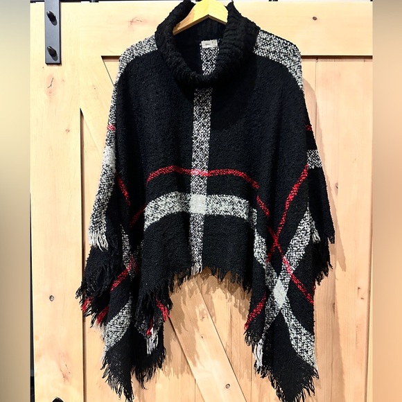 Grace & Lace Blue Plaid Knit Poncho with Fringe - Picture 1 of 5